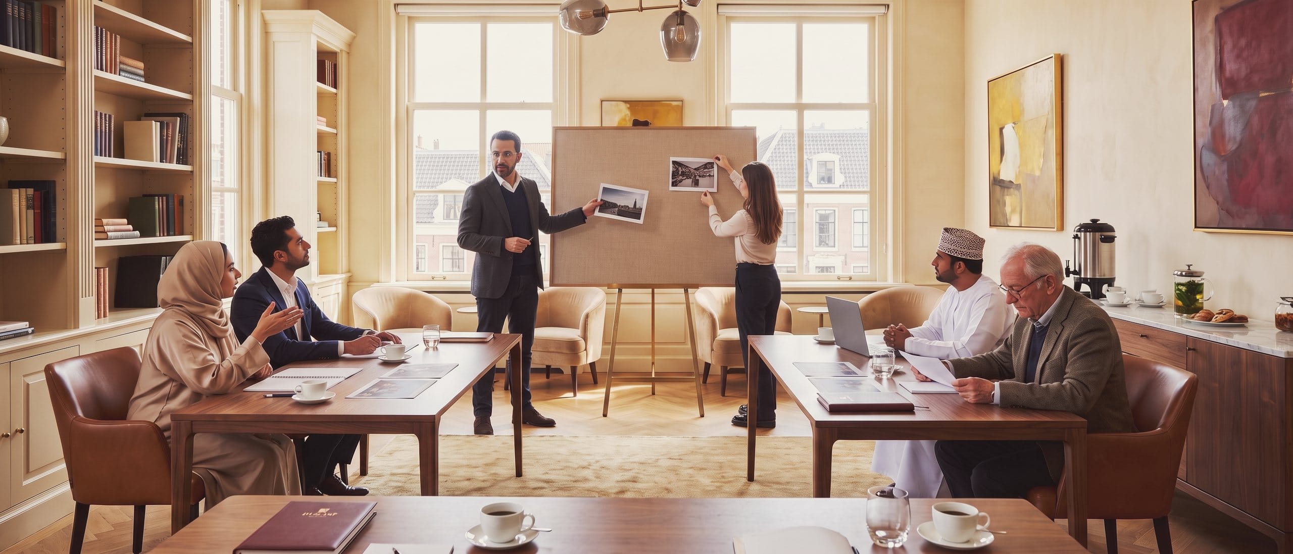 Participants work on a business case in small groups in a bright library, while an adviser discusses the case at a pin board.