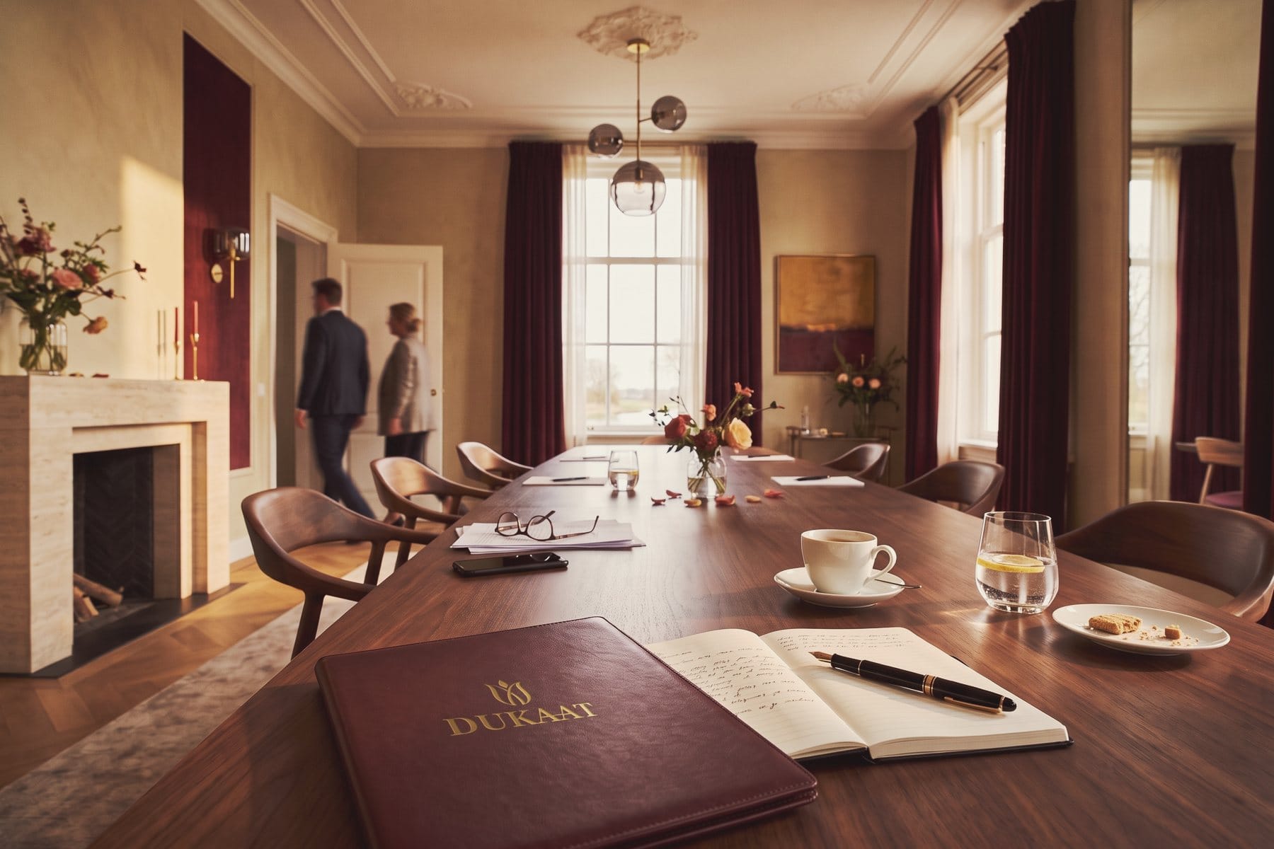 An oxblood leather folder with the DUKAAT emblem on a table after a meeting.