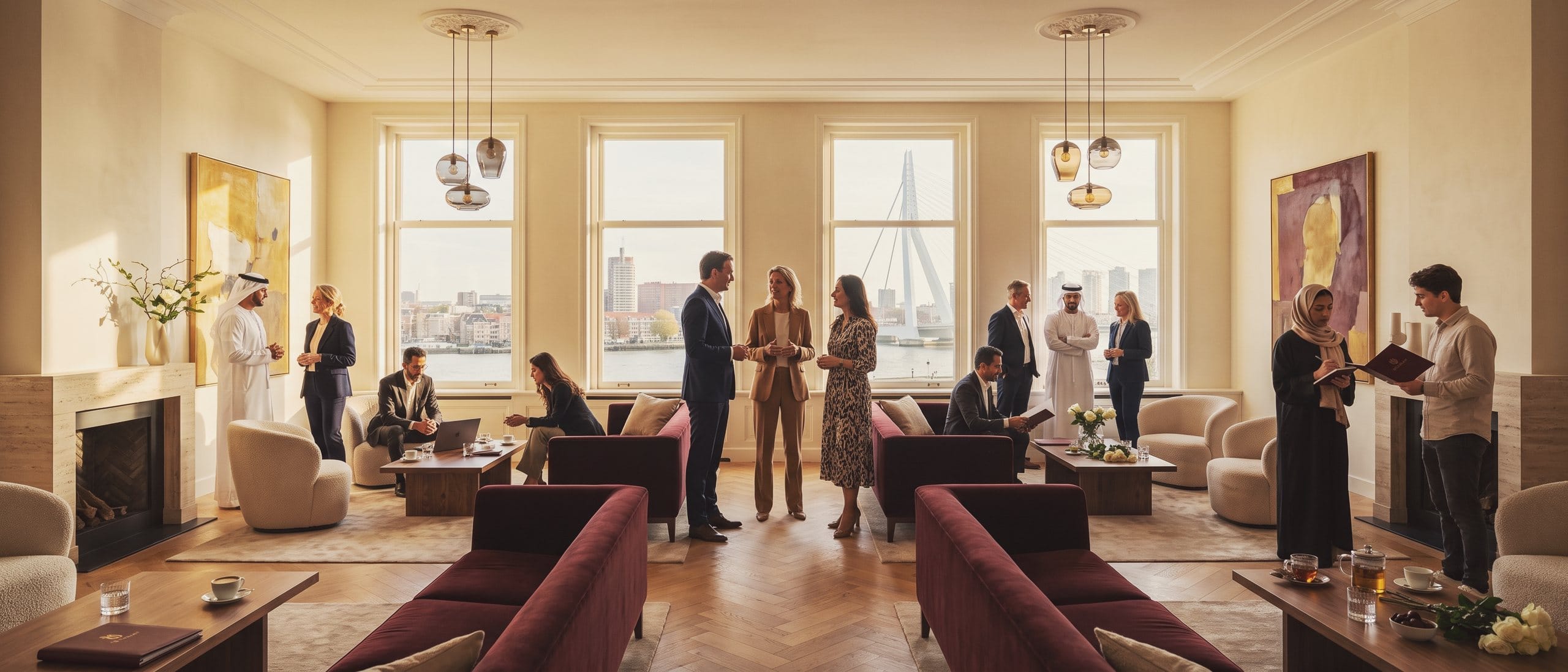 Members in small groups in a large salon, with the river, the city and the Erasmus Bridge beyond the windows.
