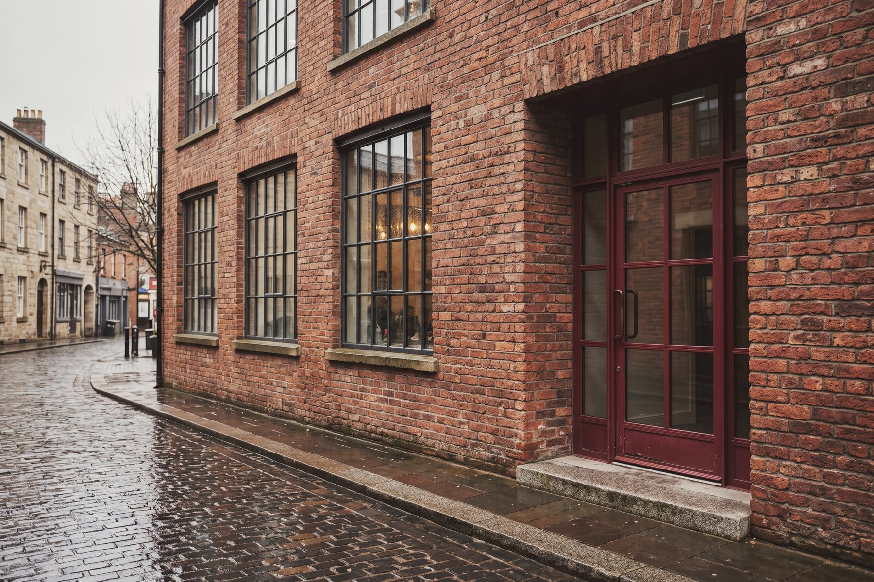 The entrance of a restored brick warehouse with an oxblood steel-framed glass door, wet paving after rain.