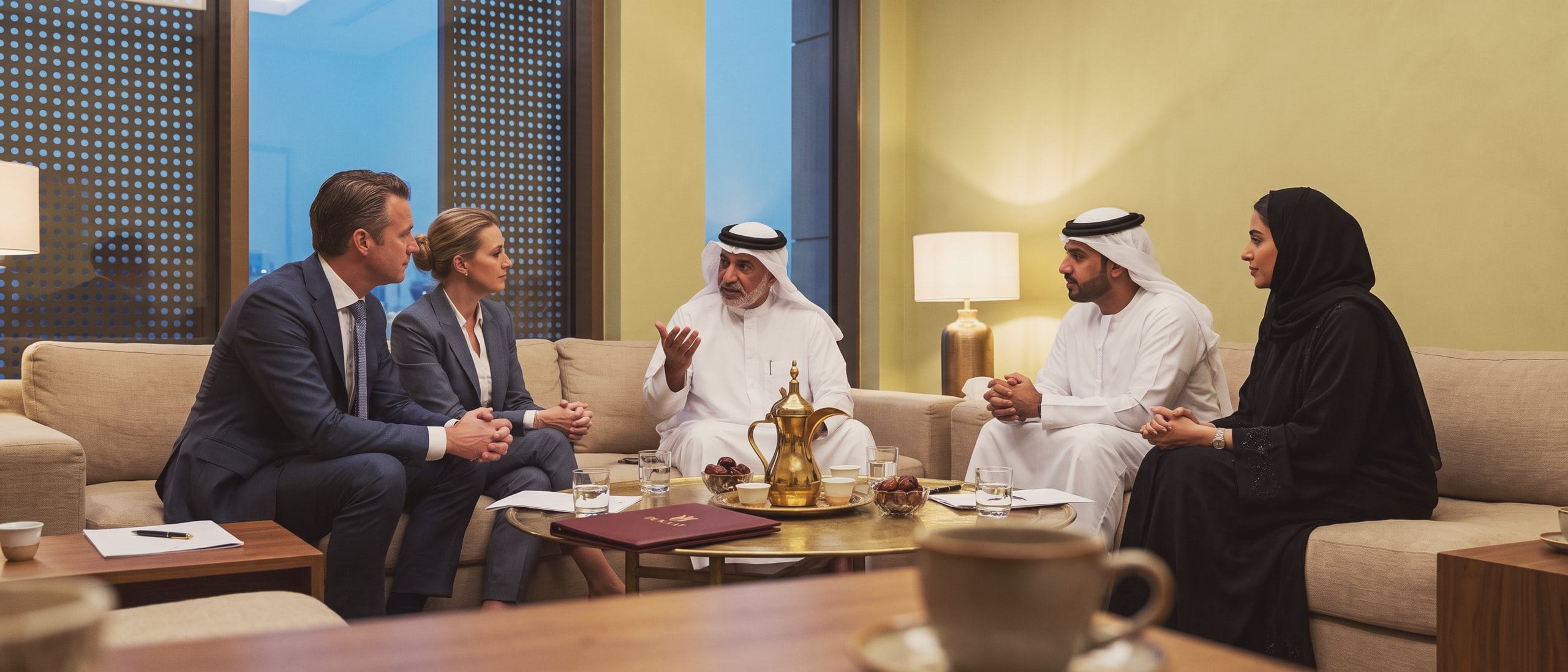 An ambassador of the club welcomes Dutch entrepreneurs and local guests in a majlis-style lounge in a Gulf city.