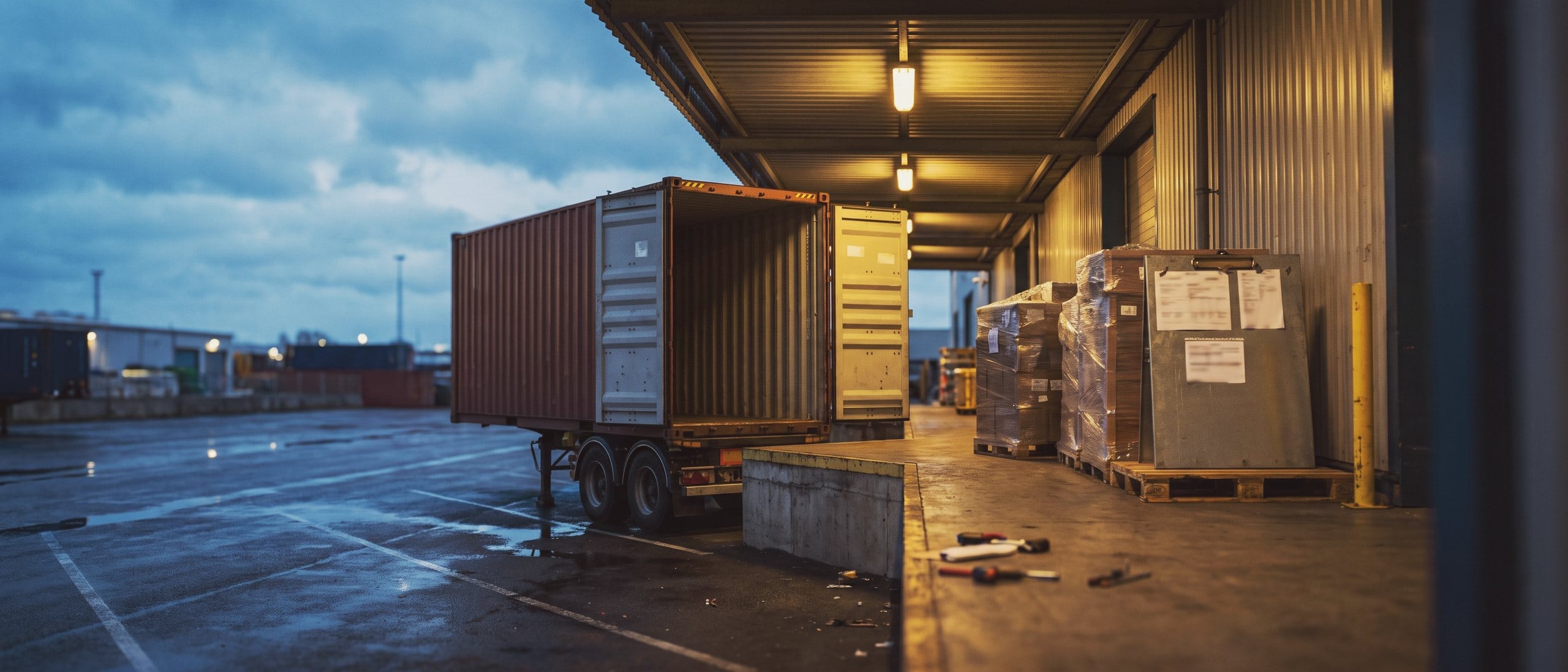 A container waits at the loading dock of a port warehouse at dusk, with wrapped pallets ready beside it.