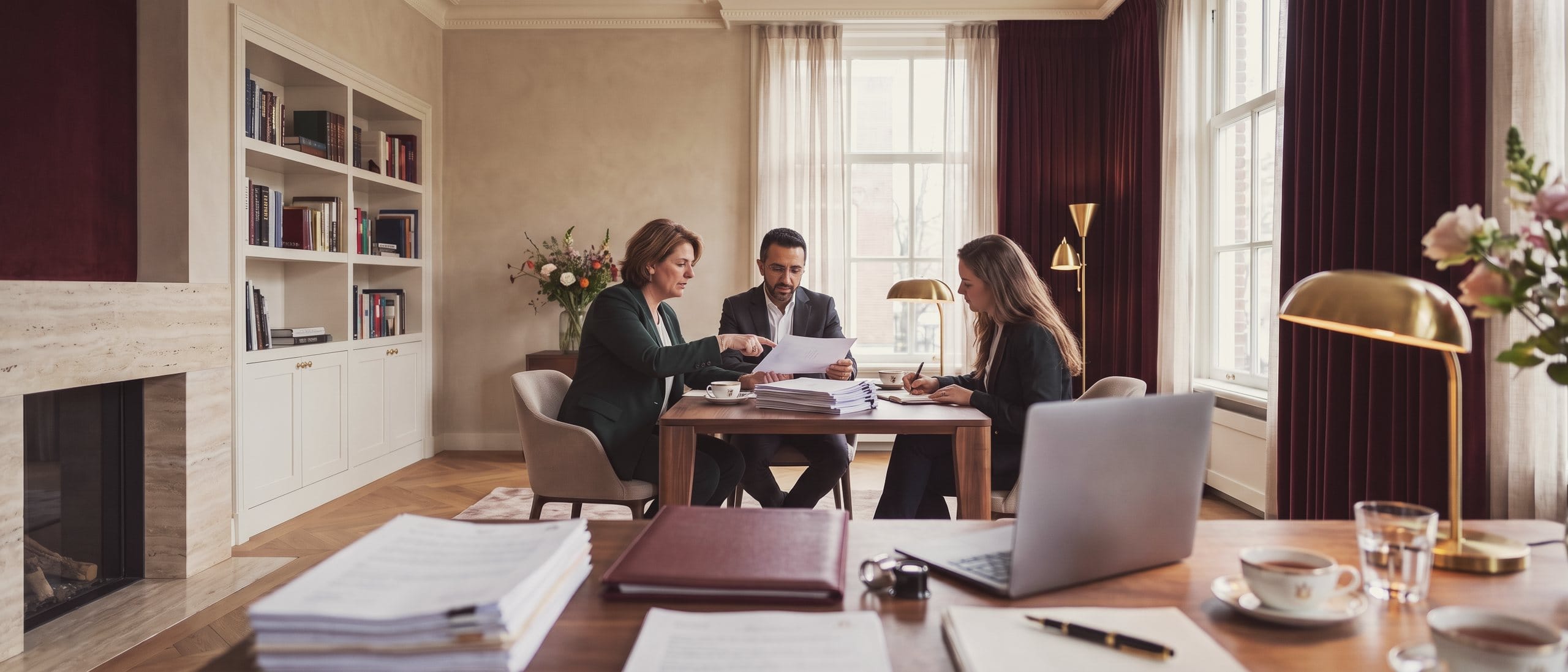 An adviser goes through a member's trade documents with her in a study with bookshelves.