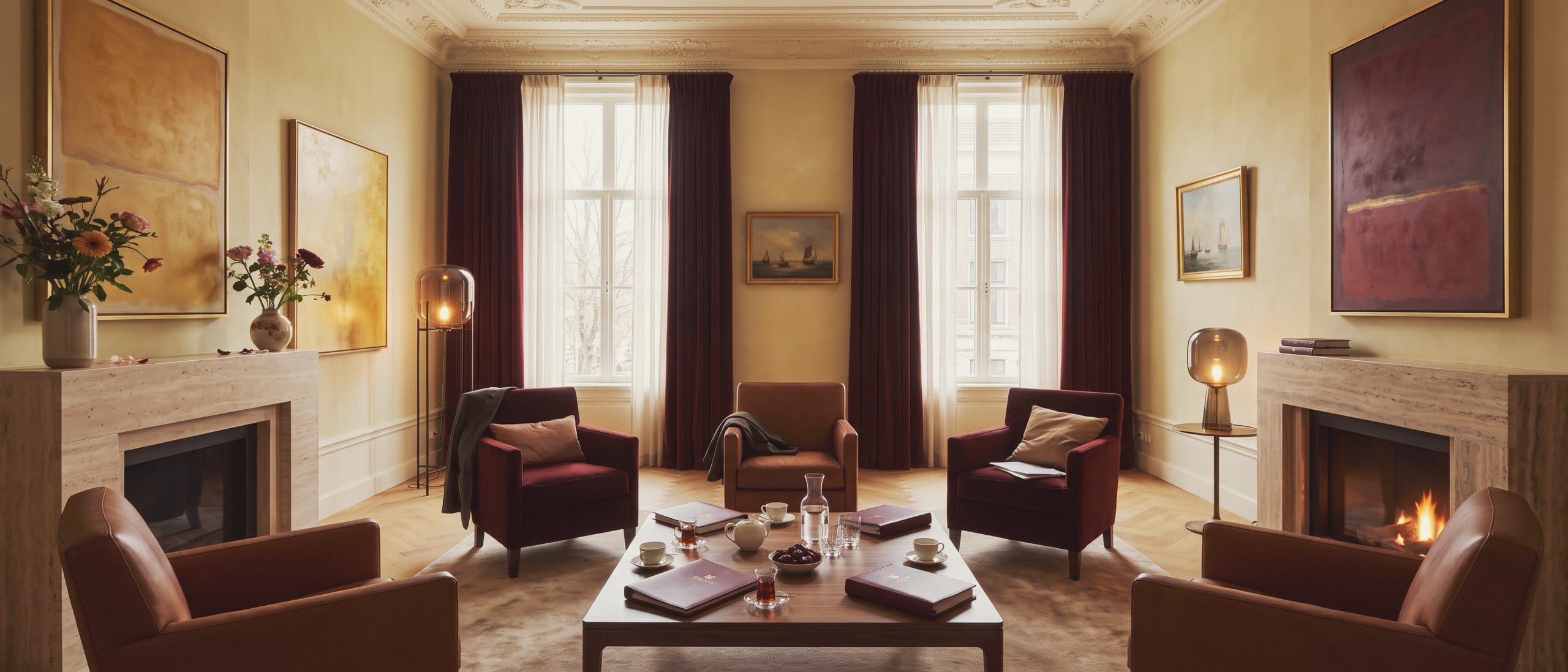 The members' lounge just before a question round: armchairs around a low table and a fire in the hearth.
