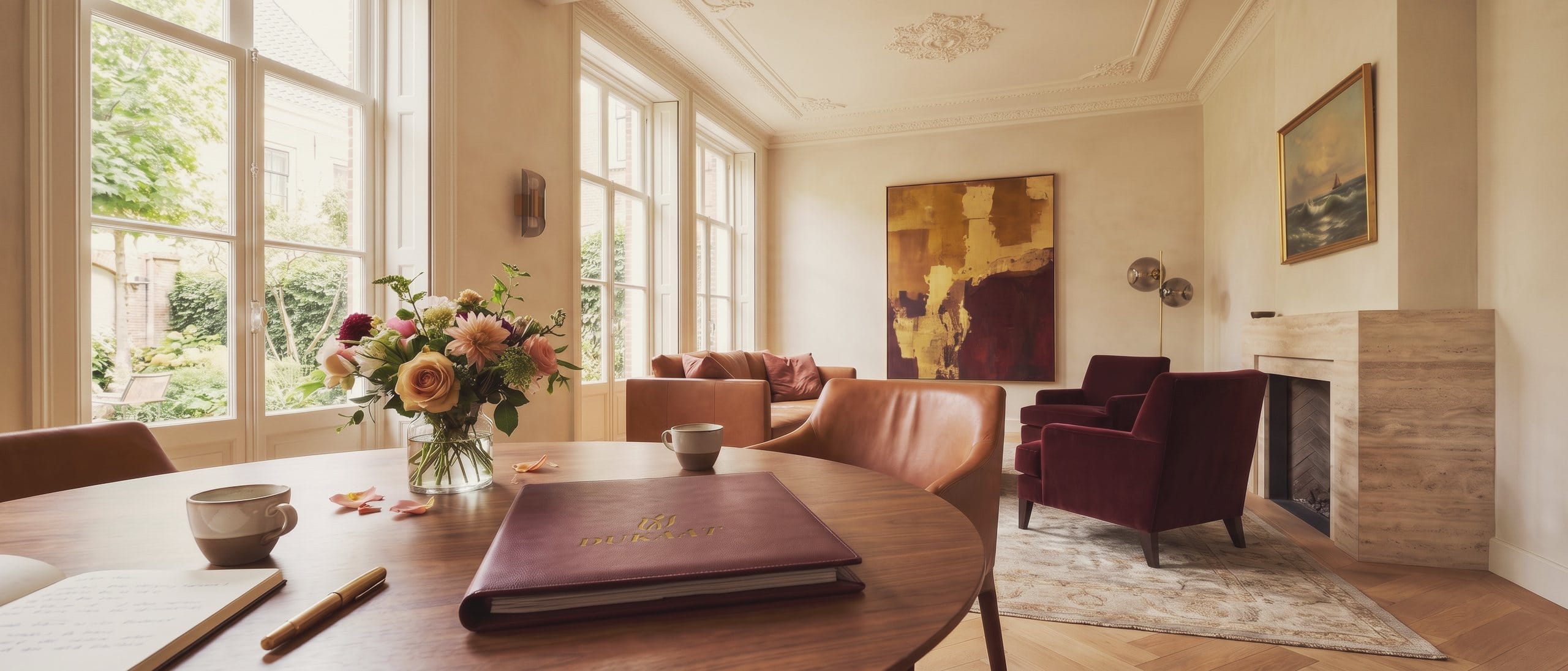 A leather DUKAAT folder on a round table in the garden room, beside coffee cups and a notebook.