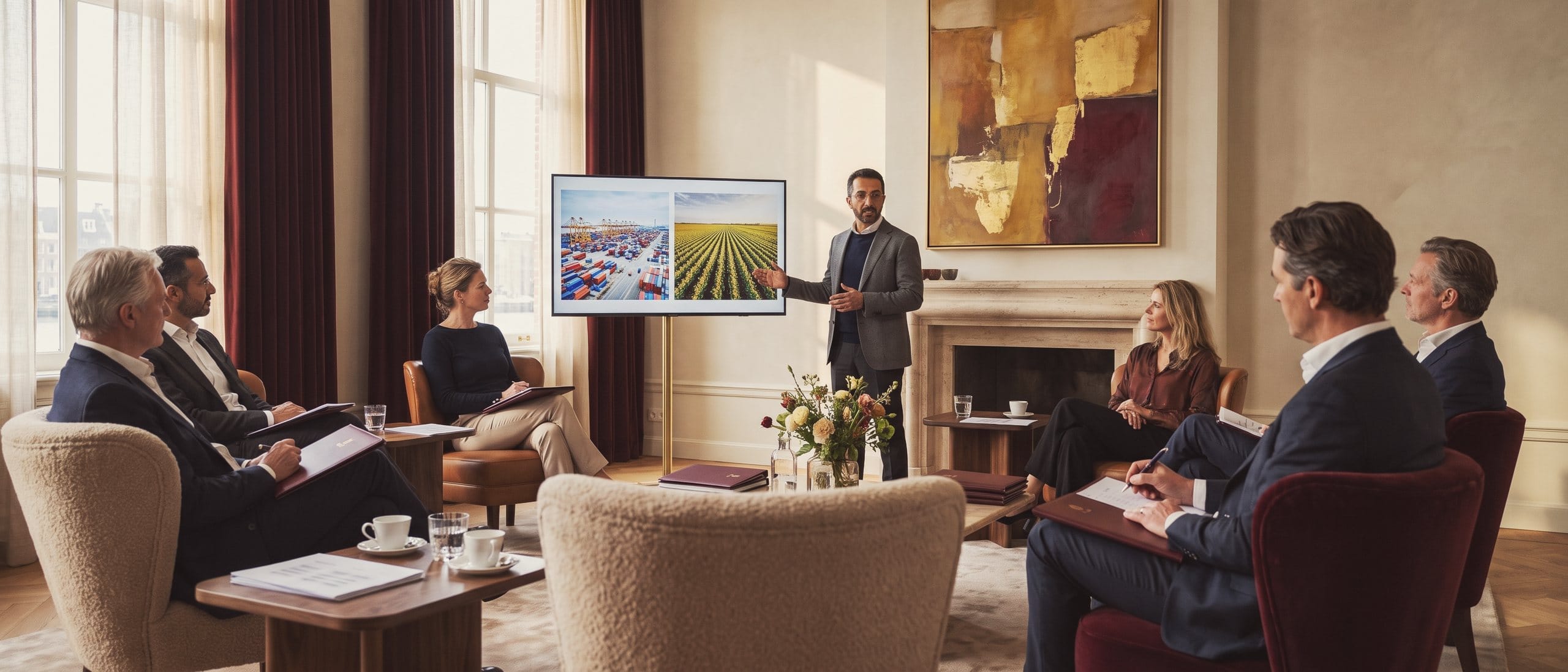 An adviser gives a short market briefing beside a screen with photographs of a port and a field, to members in armchairs.