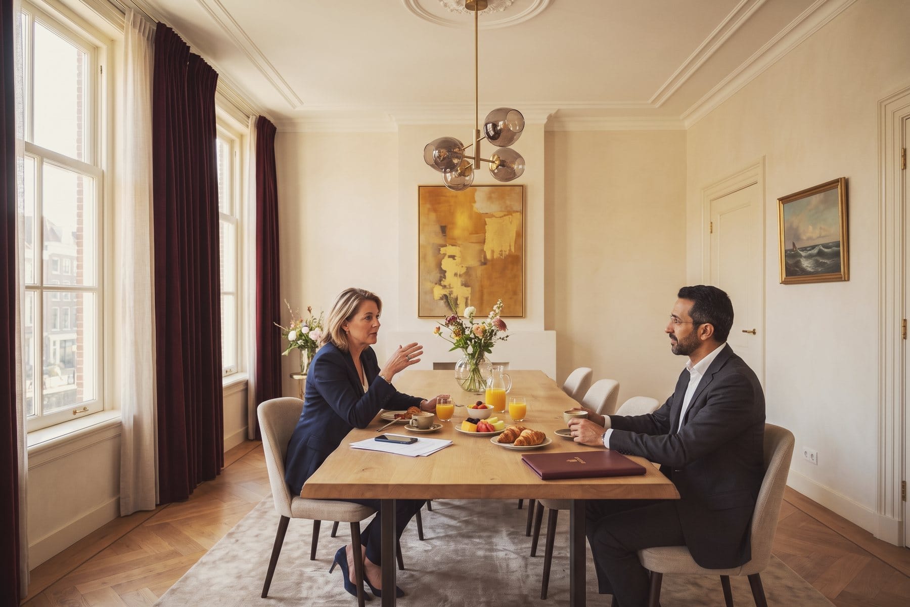 A one-to-one breakfast between an adviser and a member at a window table in the dining room.