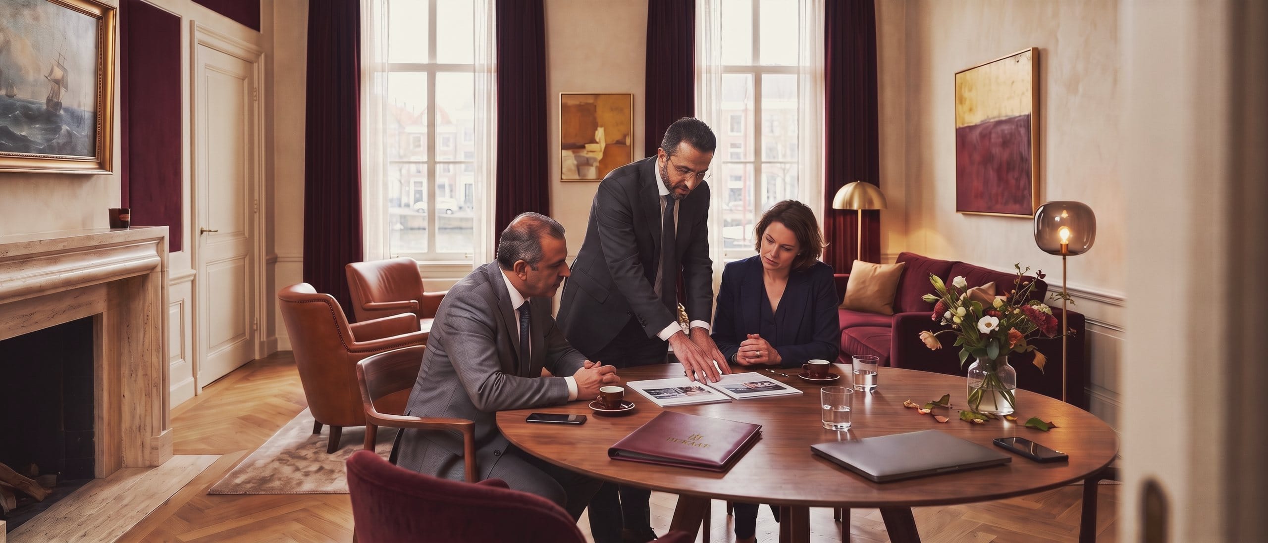 An adviser lays two printed company profiles side by side for two entrepreneurs at a round table.