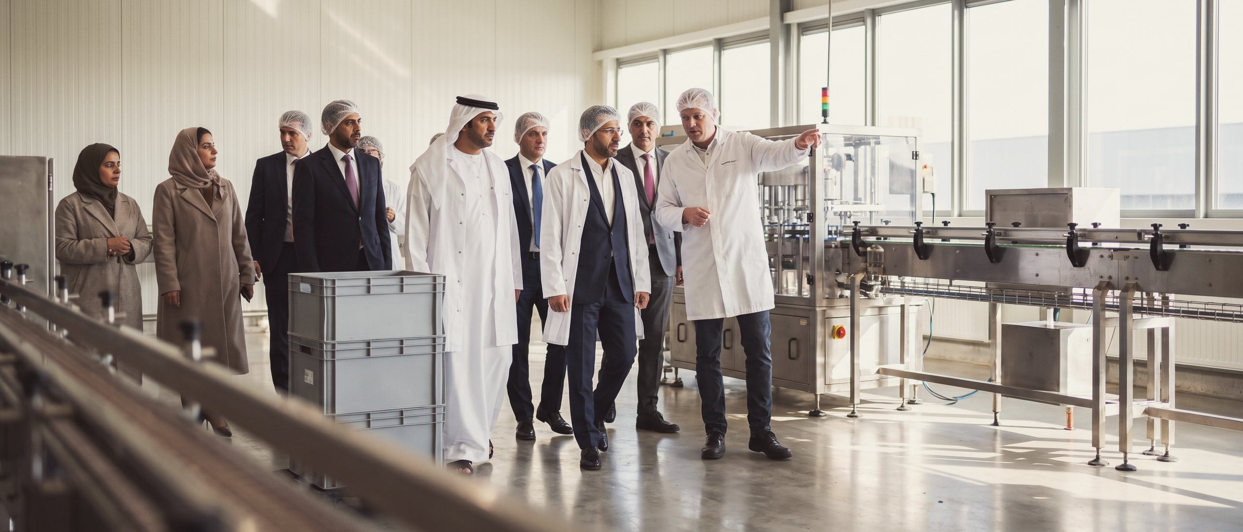 A business delegation from the Arab world walks through a Dutch food-processing plant as the director explains a line.