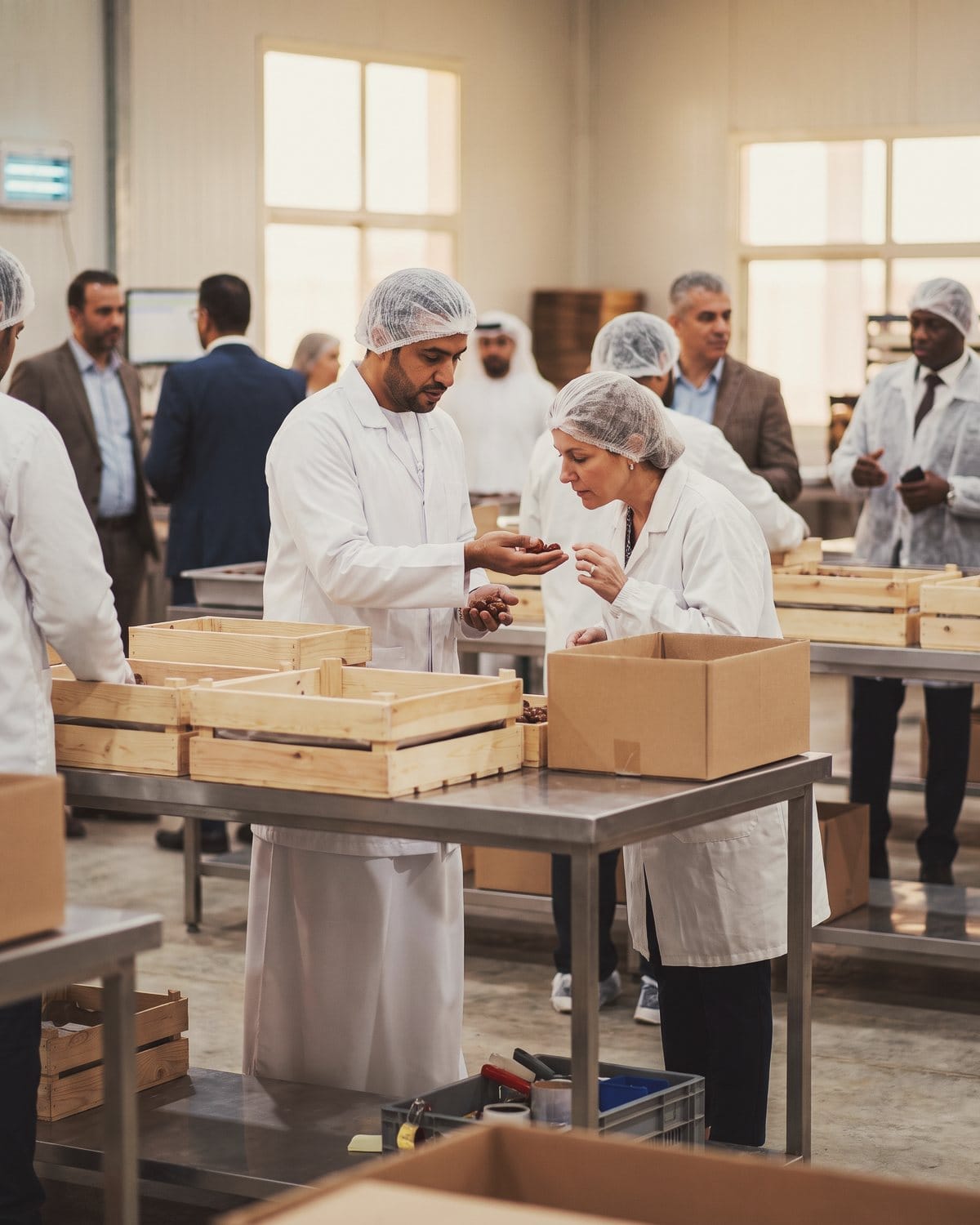 In a date-packing house a producer holds out dates for a Dutch buyer to look at closely.