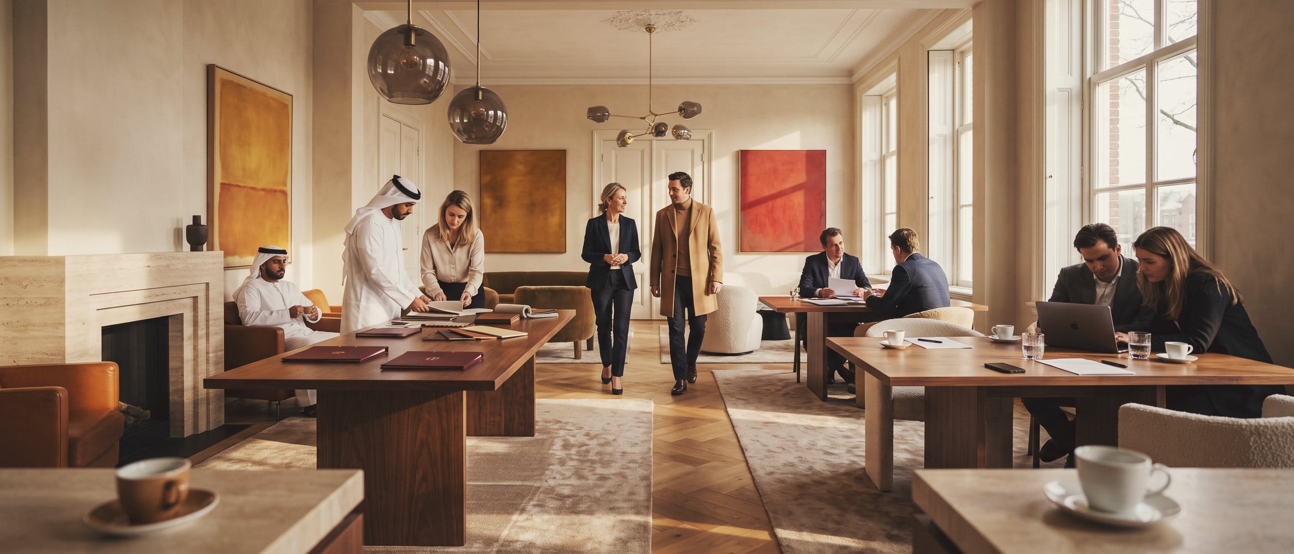 An afternoon on the club's working floor: members and advisers in conversation at several tables in a high hall with tall windows.