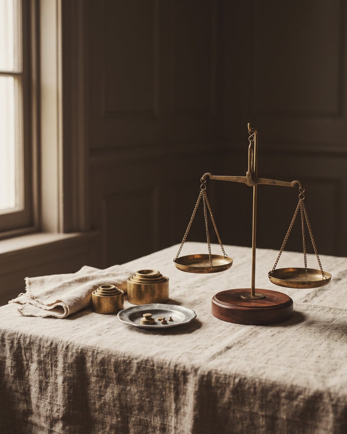 A small brass balance with two empty, level pans beside brass weights and a pewter dish on linen.