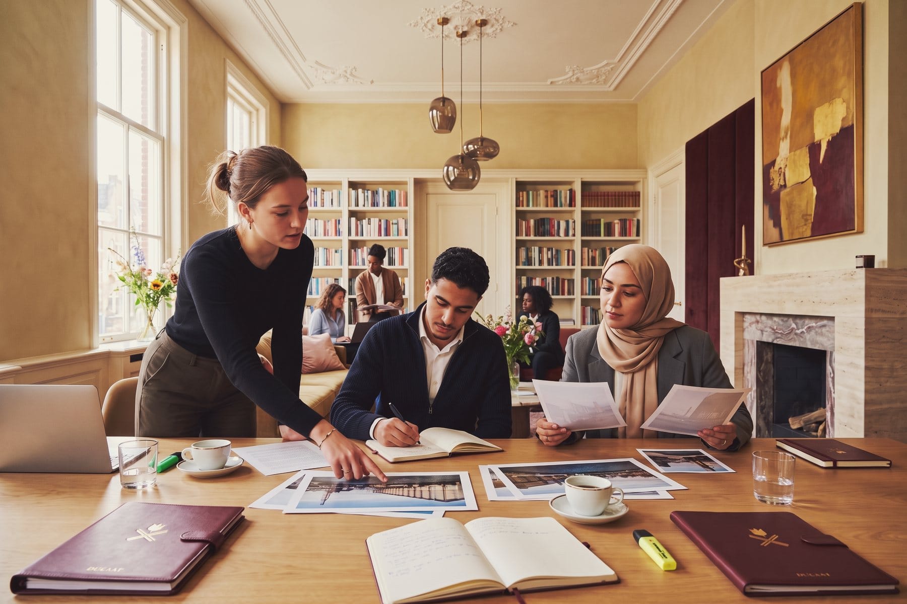Three participants work on a case with printed photographs and notebooks.