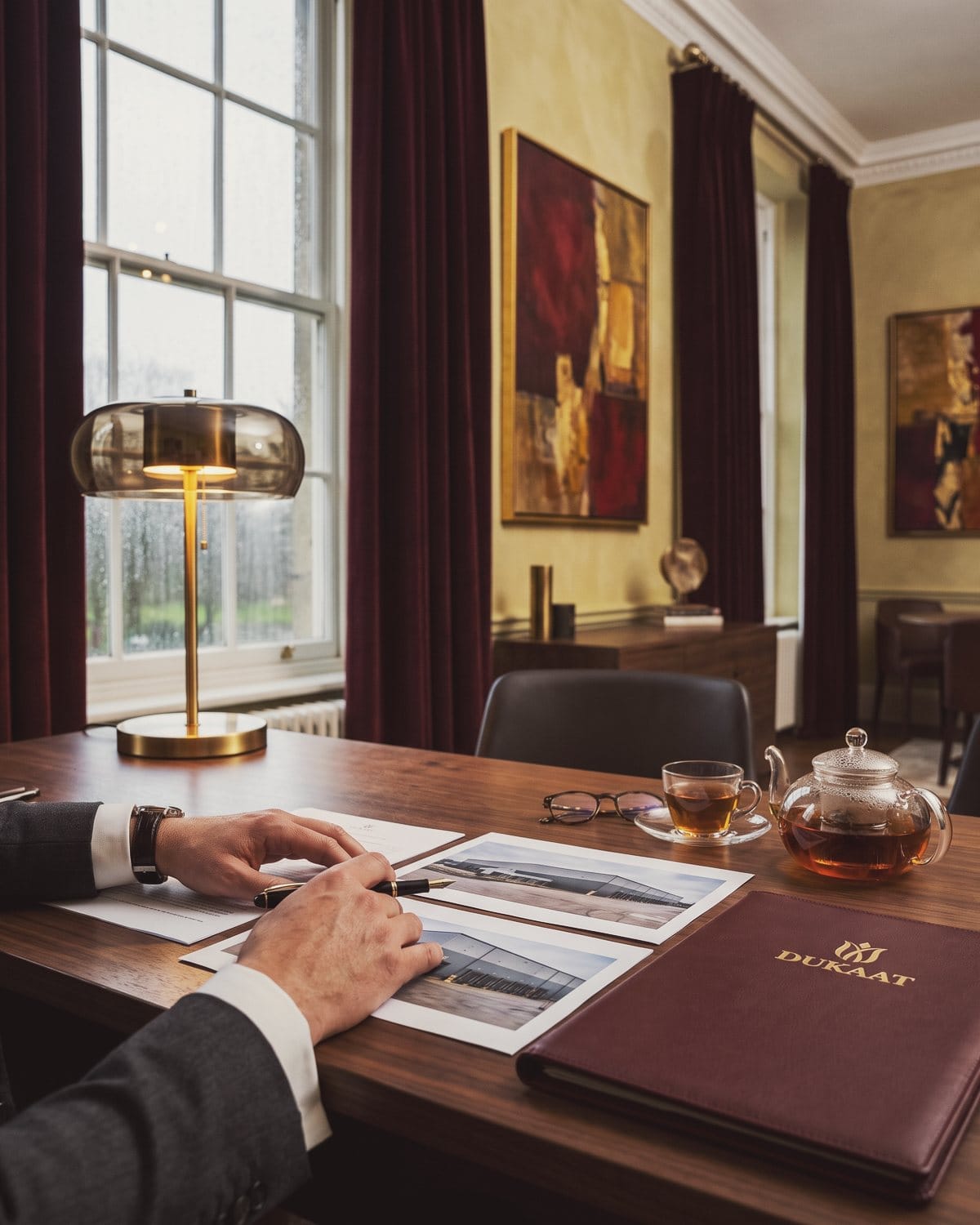 An adviser's hands rest on two printed options beside a teapot and a leather folder.